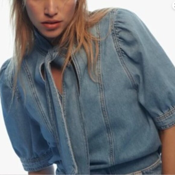 Zara Light Blue Denim Top with Tie Detail - Picture 1 of 16